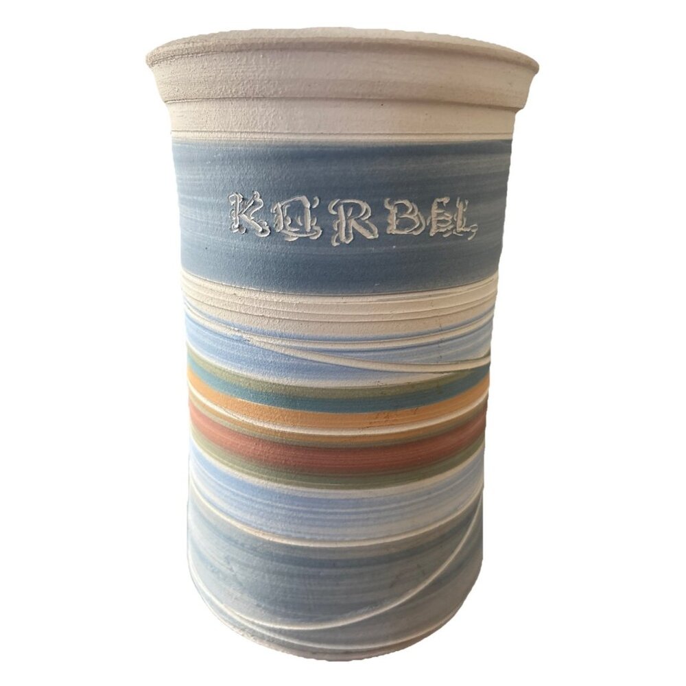 Korbel Champagne/Wine Bottle Holder w/blues & beige Pottery 8.75” x 5.25”